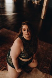 Image of a fat, white, femme person kneeling on patterned carpet in a large room. The person is wearing sheer, forest green, lace top and skirt set, and is using their hands to keep the short skirt from riding up. The person has their make up done in brown tones, lips a dark brownish-red. Light brown hair cascades down the person's back and one side of their face. The person's eyes are closed, lips parted. There is a star dangly earring visible hanging from one ear.