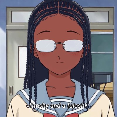 Photo of an anime style character that has brown skin and wears glasses. She has braids and wear a white and blue sailor school uniform. Text reads "im shy and a fujoshi".